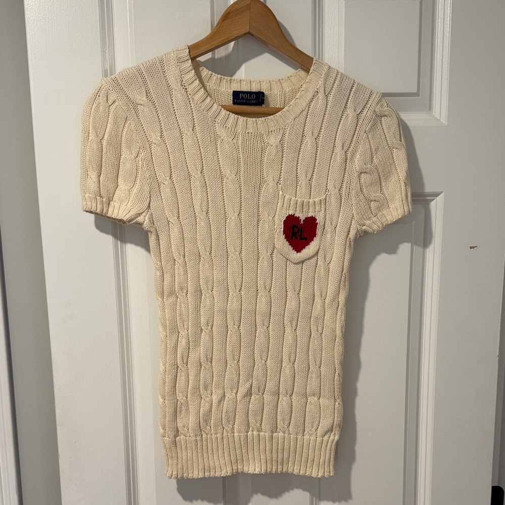 Ralph Lauren Cream Cable Knit Sweater with Red Heart